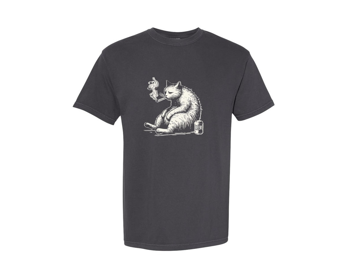 brand:Comfort Colors|color:Graphite|Smoking Cat And Beer Shirt Graphic T-Shirt