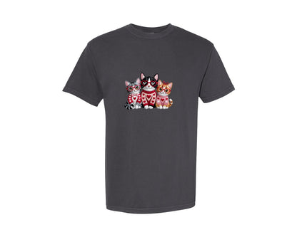 brand:Comfort Colors|color:Graphite|Faux Yarn Crochet Valentines Cat Graphic T-Shirt