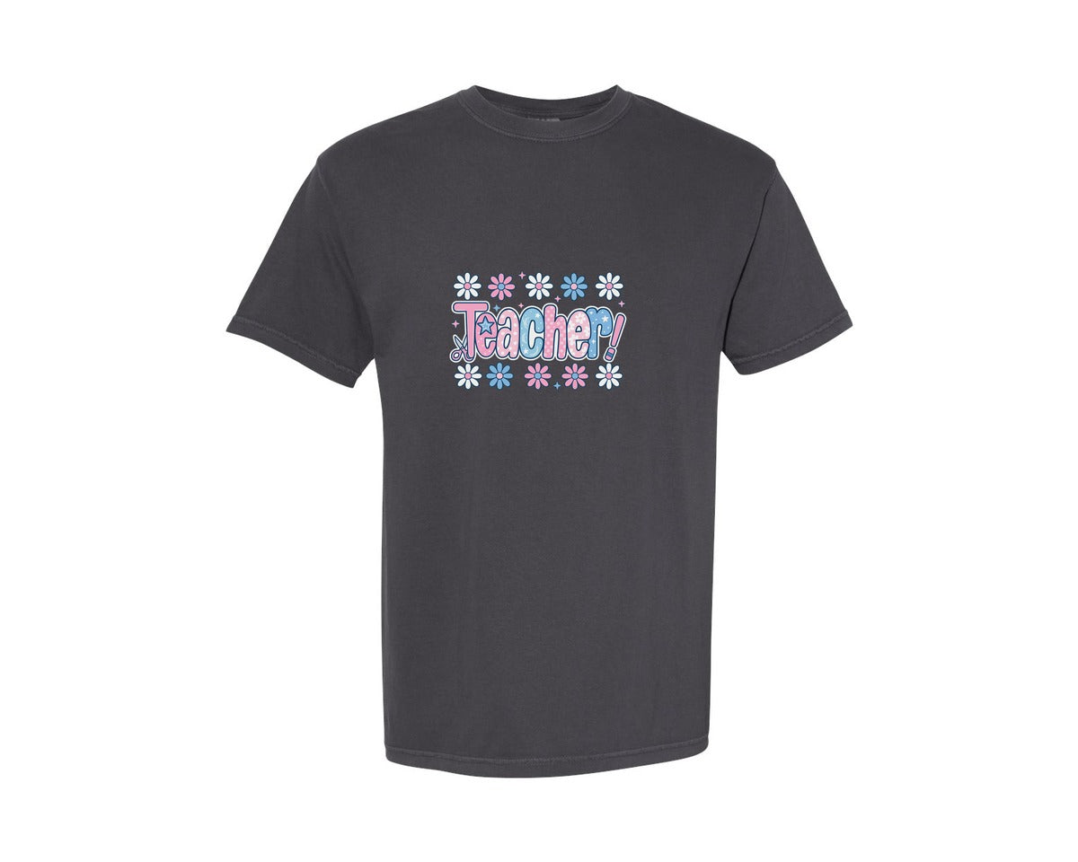 brand:Comfort Colors|color:Graphite|Preppy Floral Coquette Teacher Graphic T-Shirt