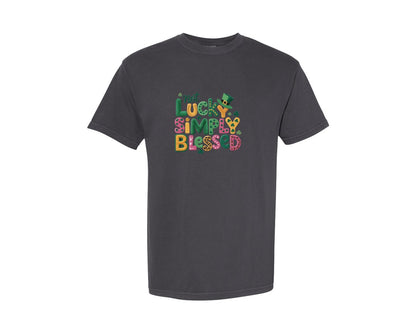 brand:Comfort Colors|color:Graphite|Latch Hook Yarn Not Lucky Simply Blessed Graphic T-Shirt
