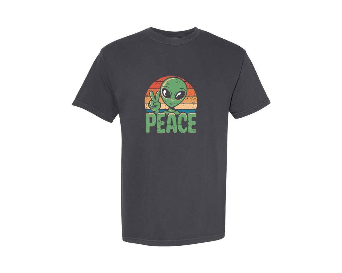 brand:Comfort Colors|color:Graphite|Alien Ufo Peace Sign Retro Tshirt Design Graphic T-Shirt