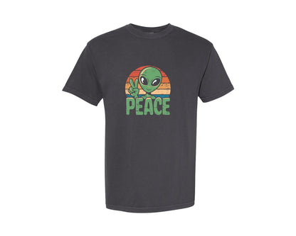 brand:Comfort Colors|color:Graphite|Alien Ufo Peace Sign Retro Tshirt Design Graphic T-Shirt