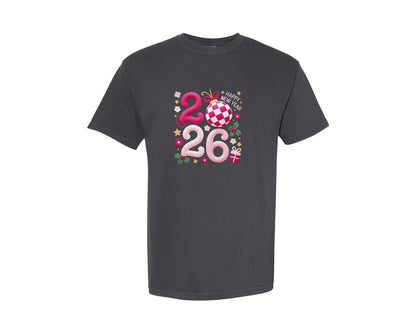 brand:Comfort Colors|color:Graphite|Happy New Year 2026 Crochet Yarn Graphic T-Shirt