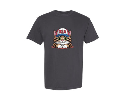brand:Comfort Colors|color:Graphite|Cute Patriotic Cat Usa Hat Graphic T-Shirt