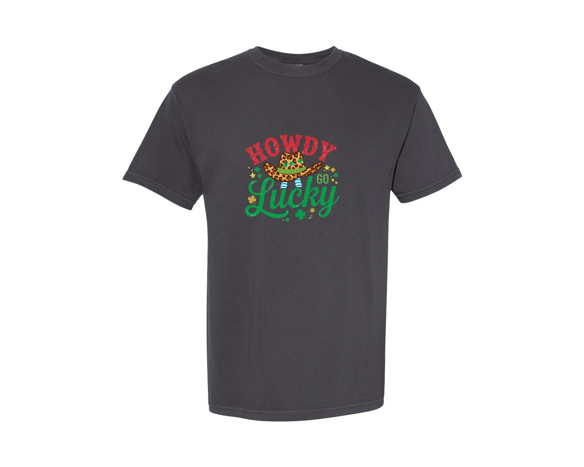 brand:Comfort Colors|color:Graphite|Howdy Go Lucky St Patricks Day T Shirt 3 Graphic T-Shirt