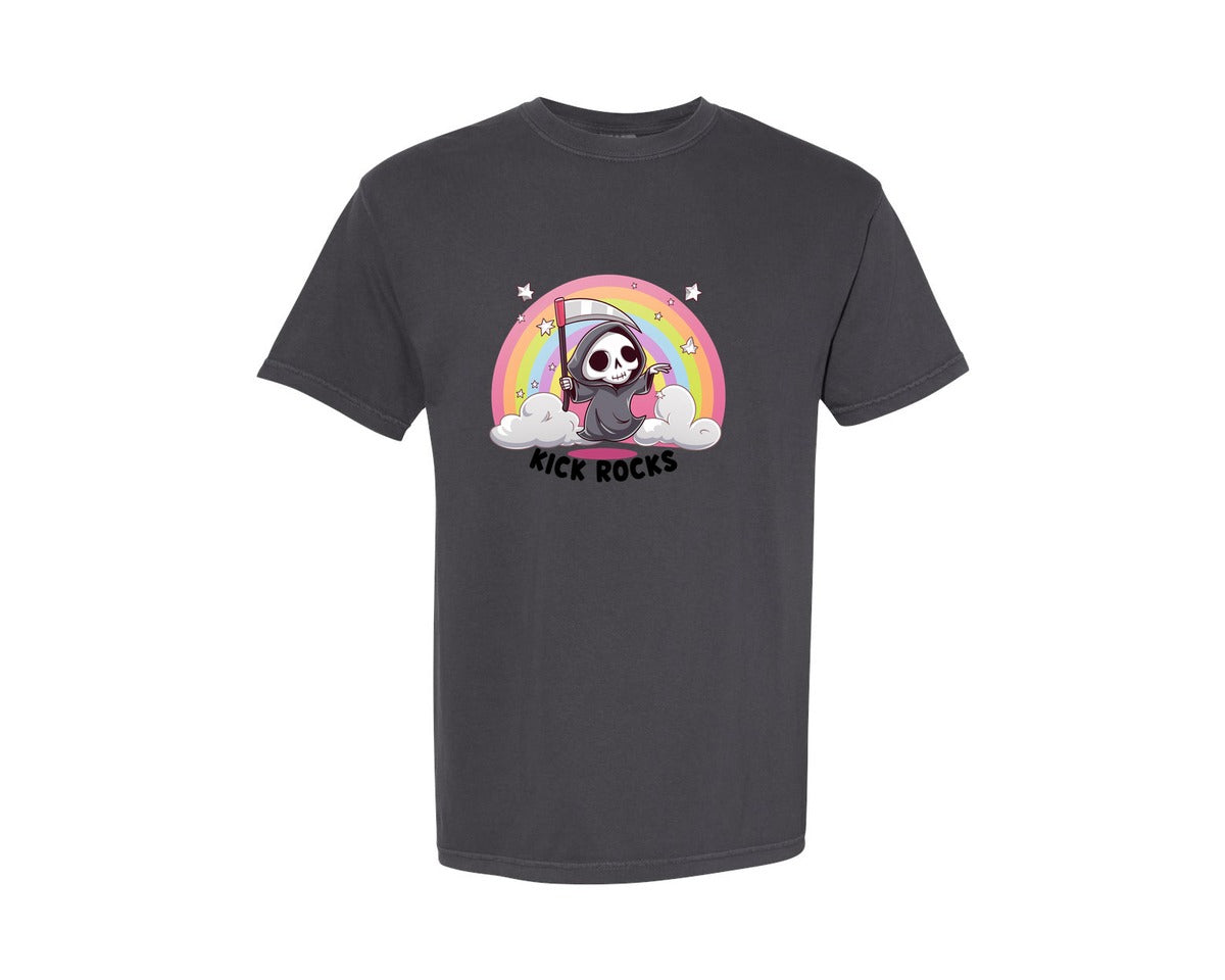 brand:Comfort Colors|color:Graphite|Kick Rocks Cute Grim Reaper Graphic T-Shirt