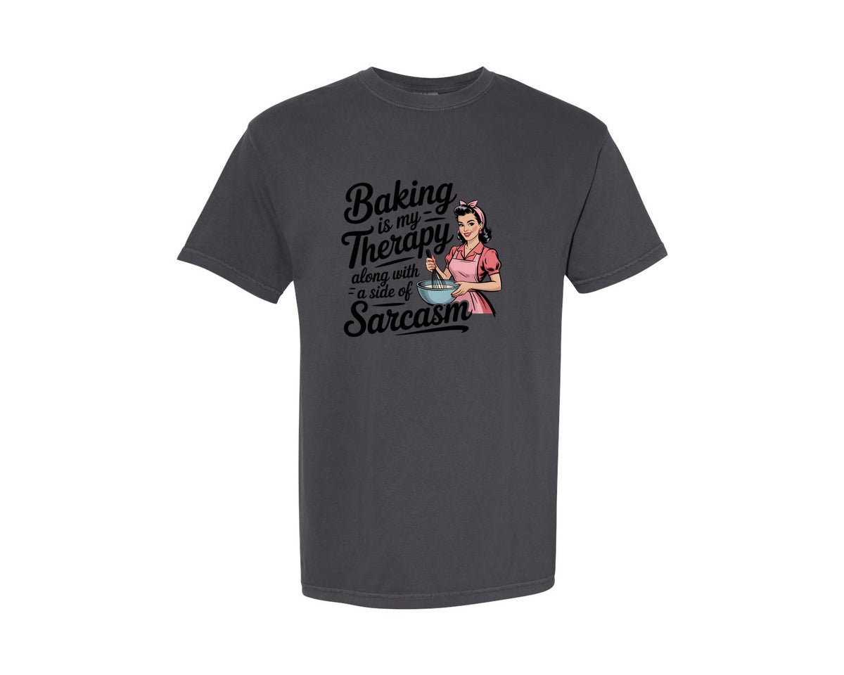 brand:Comfort Colors|color:Graphite|Baking Is My Therapy Sarcasm Pngretro Graphic T-Shirt