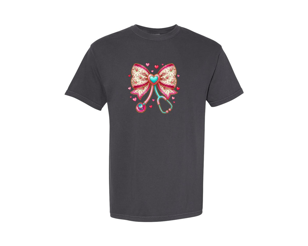 brand:Comfort Colors|color:Graphite|Nurse Bow Stethoscope Valentine Graphic T-Shirt