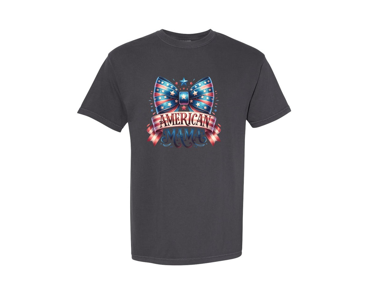 brand:Comfort Colors|color:Graphite|Coquette Bow American Mama Graphic T-Shirt