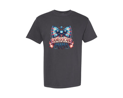 brand:Comfort Colors|color:Graphite|Coquette Bow American Mama Graphic T-Shirt