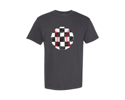 brand:Comfort Colors|color:Graphite|Checkered Baseball Ball Game Day Graphic T-Shirt