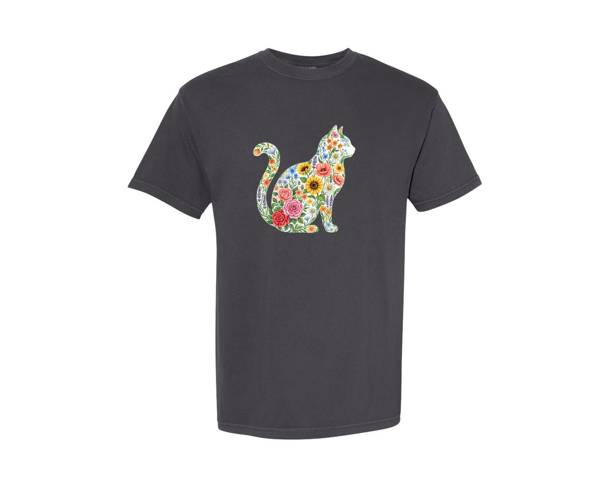 brand:Comfort Colors|color:Graphite|Floral Cat Silhouette Illustration Graphic T-Shirt