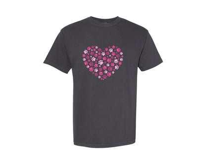 brand:Comfort Colors|color:Graphite|Valentine Dog Paw Print Heart Graphic T-Shirt