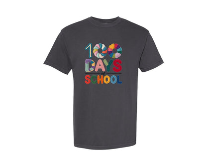 brand:Comfort Colors|color:Graphite|Faux Yarn 100 Days Of School Teach Graphic T-Shirt