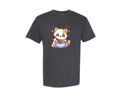 brand:Comfort Colors|color:Graphite|Kawaii Cute Cat Earting Ramen Design Graphic T-Shirt