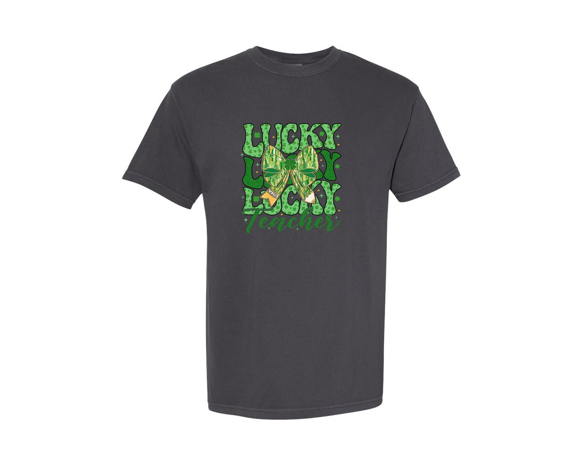 brand:Comfort Colors|color:Graphite|Lucky Lucky Lucky Teacher Graphic T-Shirt