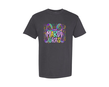 brand:Comfort Colors|color:Graphite|Mardi Gras Colorful Bow Quote Graphic T-Shirt
