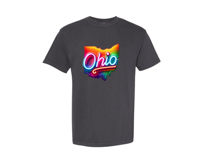 brand:Comfort Colors|color:Graphite|Colorful Neon Ohio Map Graphic T-Shirt