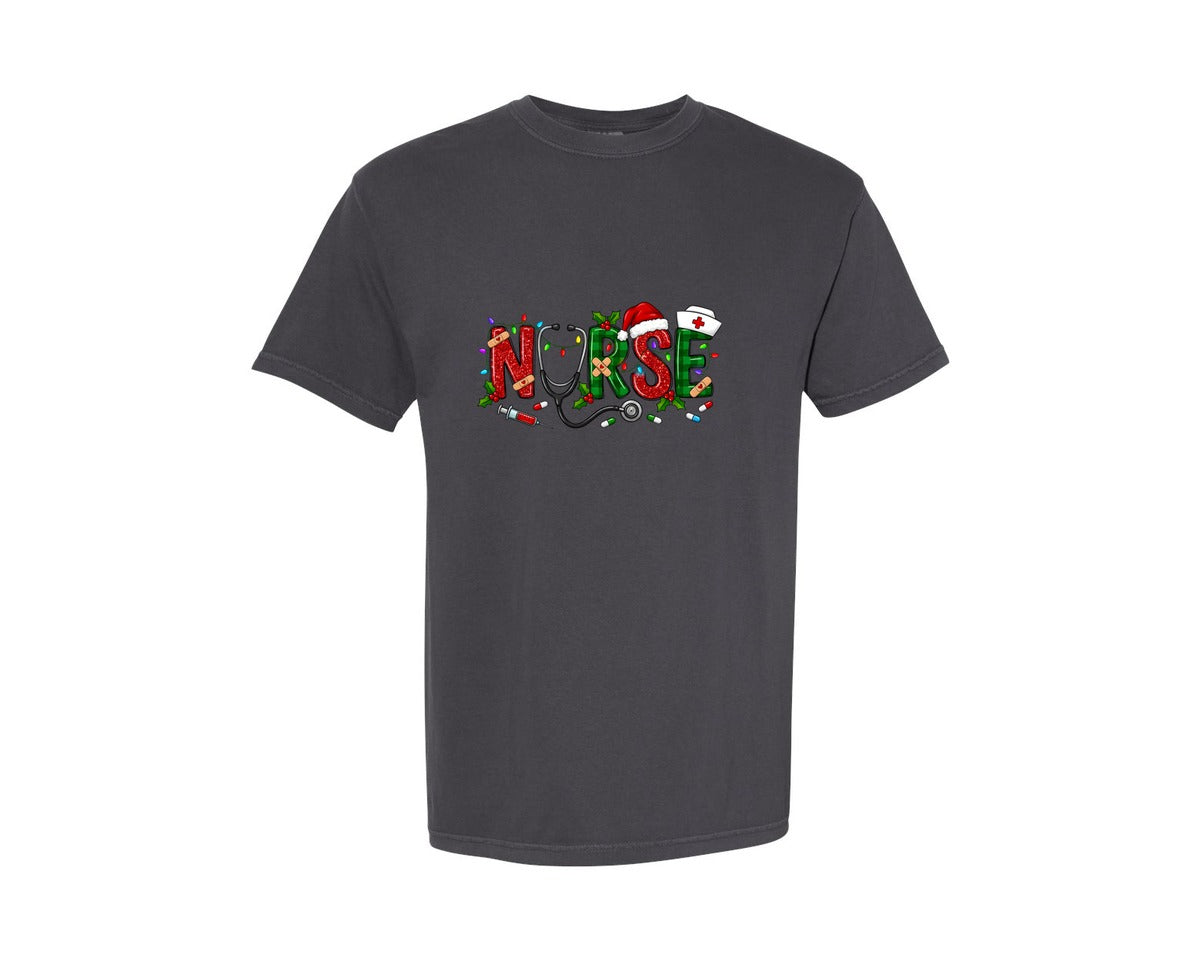 brand:Comfort Colors|color:Graphite|Nurse Christmas Merry Christmas 6 Graphic T-Shirt