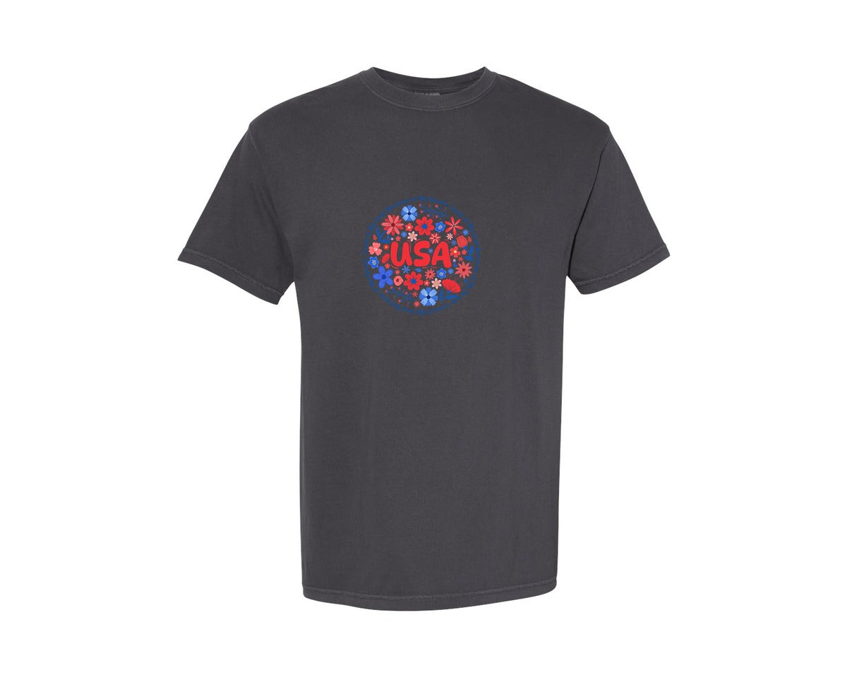 brand:Comfort Colors|color:Graphite|Floral Usa Boho 4Th Of July Graphic T-Shirt