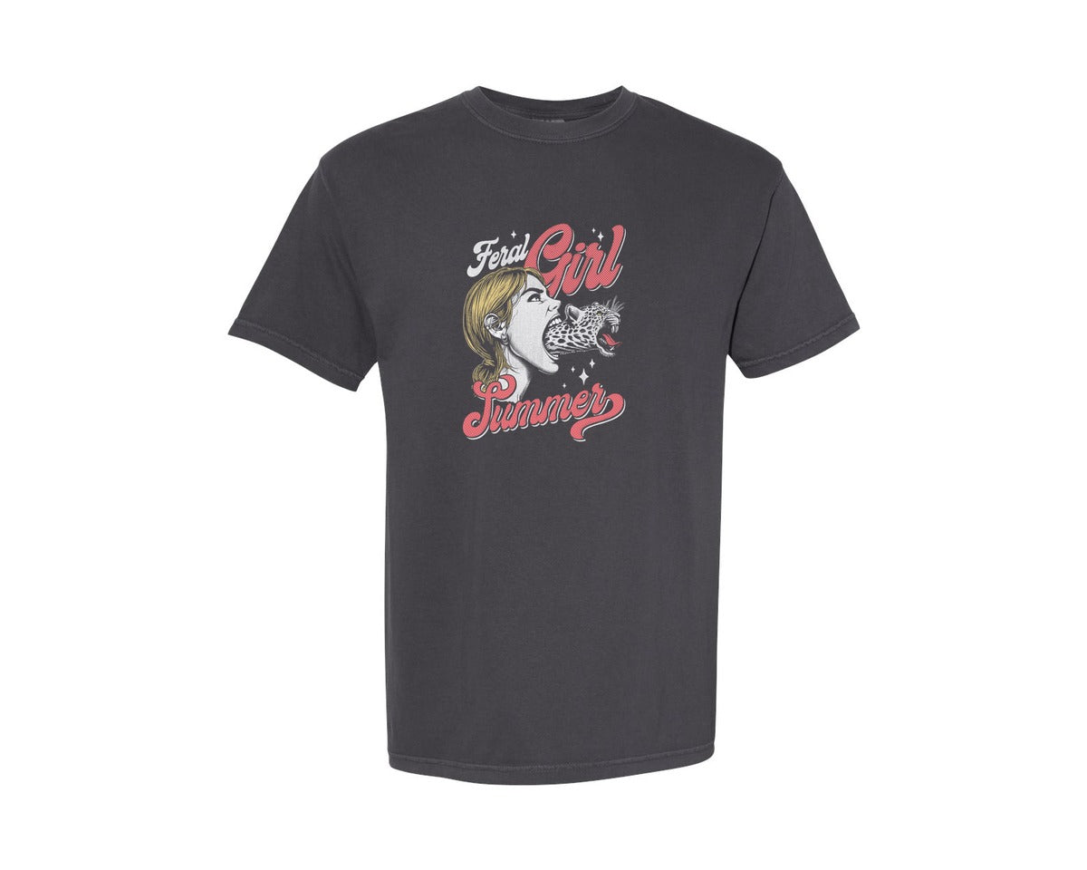 brand:Comfort Colors|color:Graphite|Feral Girl Summer Leopard Weird Shirt Graphic T-Shirt