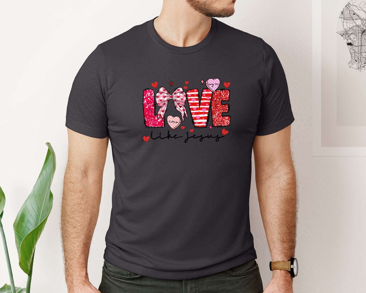brand:Bella Canvas|color:Heather Dark Grey|Love Like Jesus Valentines Coquette Graphic T-Shirt