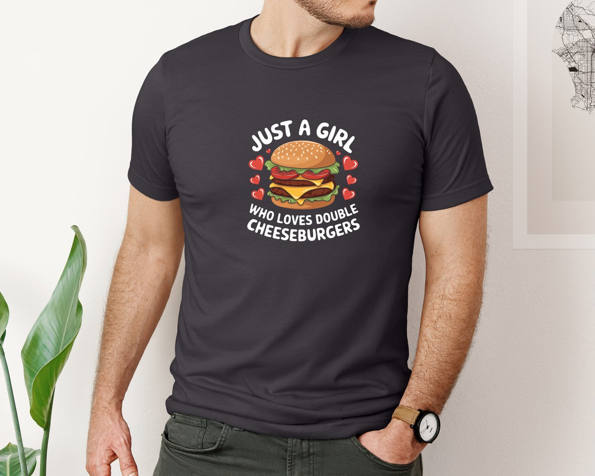 brand:Bella Canvas|color:Heather Dark Grey|Just A Girl Who Loves Double Cheeseburge Graphic T-Shirt