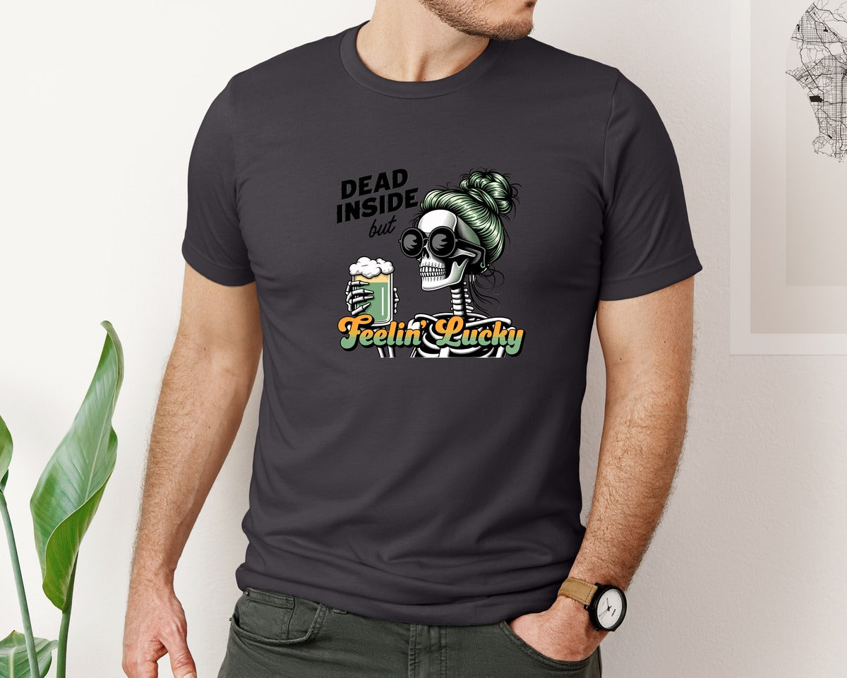 brand:Bella Canvas|color:Heather Dark Grey|Dead Inside But Feelin Lucky 6 Graphic T-Shirt