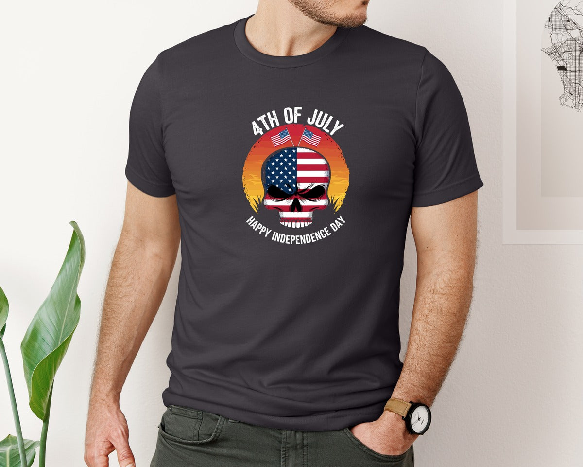brand:Bella Canvas|color:Heather Dark Grey|4Th Of July American Skull Sunset Indepe Graphic T-Shirt