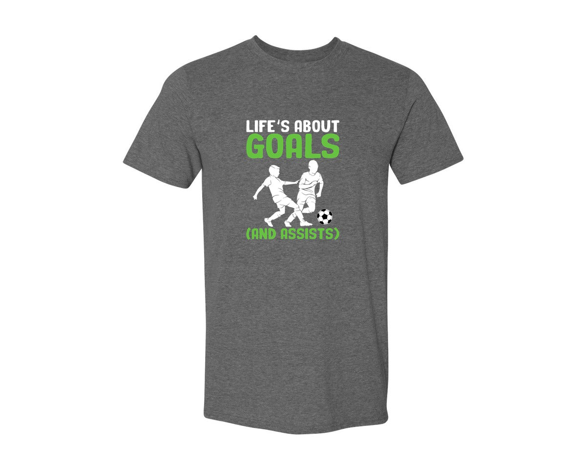 brand:Generic|color:Heather Dark Grey|Lifes About Goals Soccer T Shirt Graphic T-Shirt