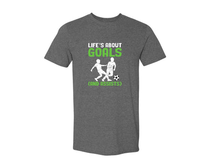 brand:Generic|color:Heather Dark Grey|Lifes About Goals Soccer T Shirt Graphic T-Shirt