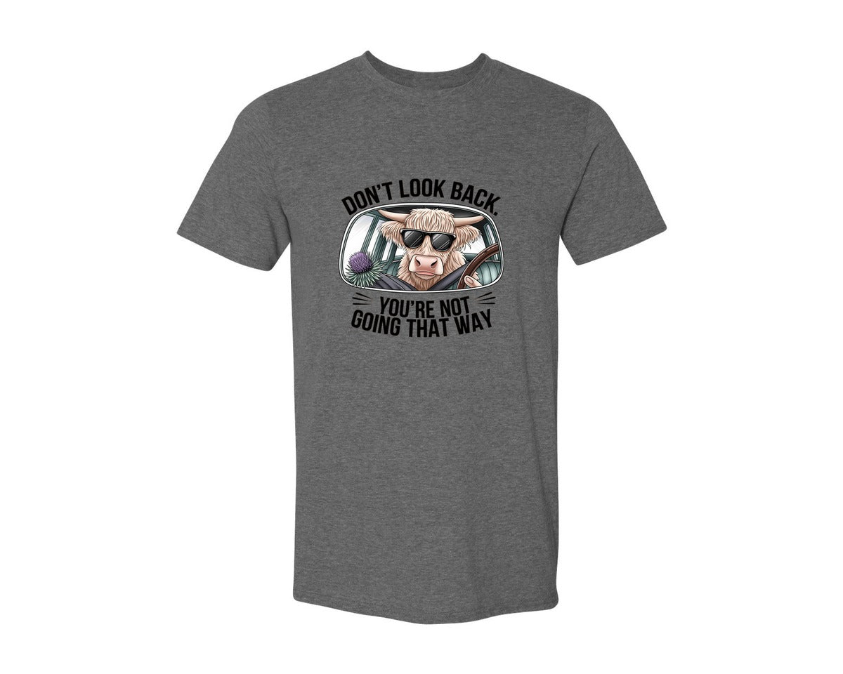 brand:Generic|color:Heather Dark Grey|Dont Look Back Highland Cow 4 Graphic T-Shirt