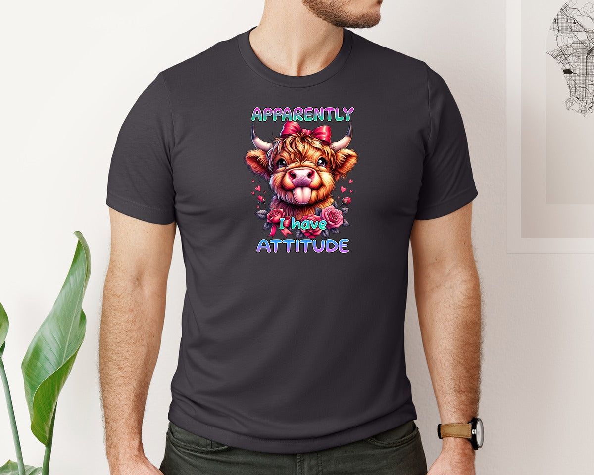 brand:Bella Canvas|color:Heather Dark Grey|Funny Highland Cow I Have Attitude Graphic T-Shirt