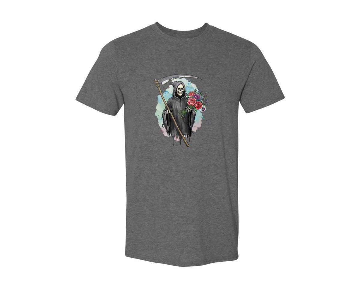 brand:Generic|color:Heather Dark Grey|Grim Reaper With Flowers Gothic Graphic T-Shirt