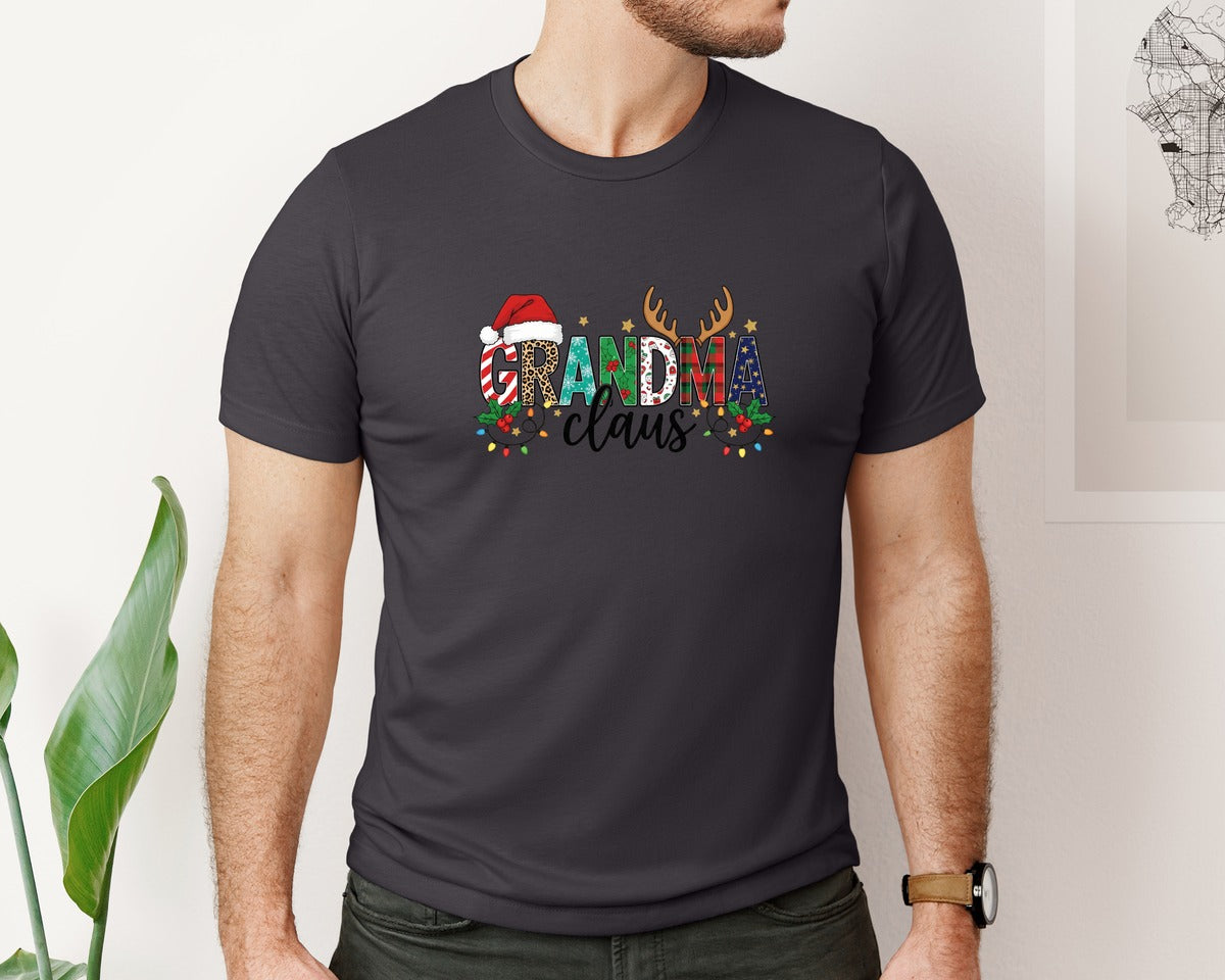 brand:Bella Canvas|color:Heather Dark Grey|Grandma Christmas Christmas Light Graphic T-Shirt