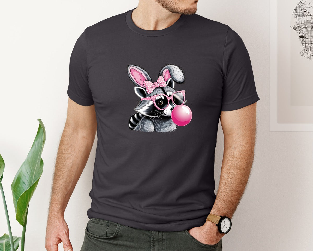 brand:Bella Canvas|color:Heather Dark Grey|Cute Raccoon With Glasses Bubble Gum 6 Graphic T-Shirt