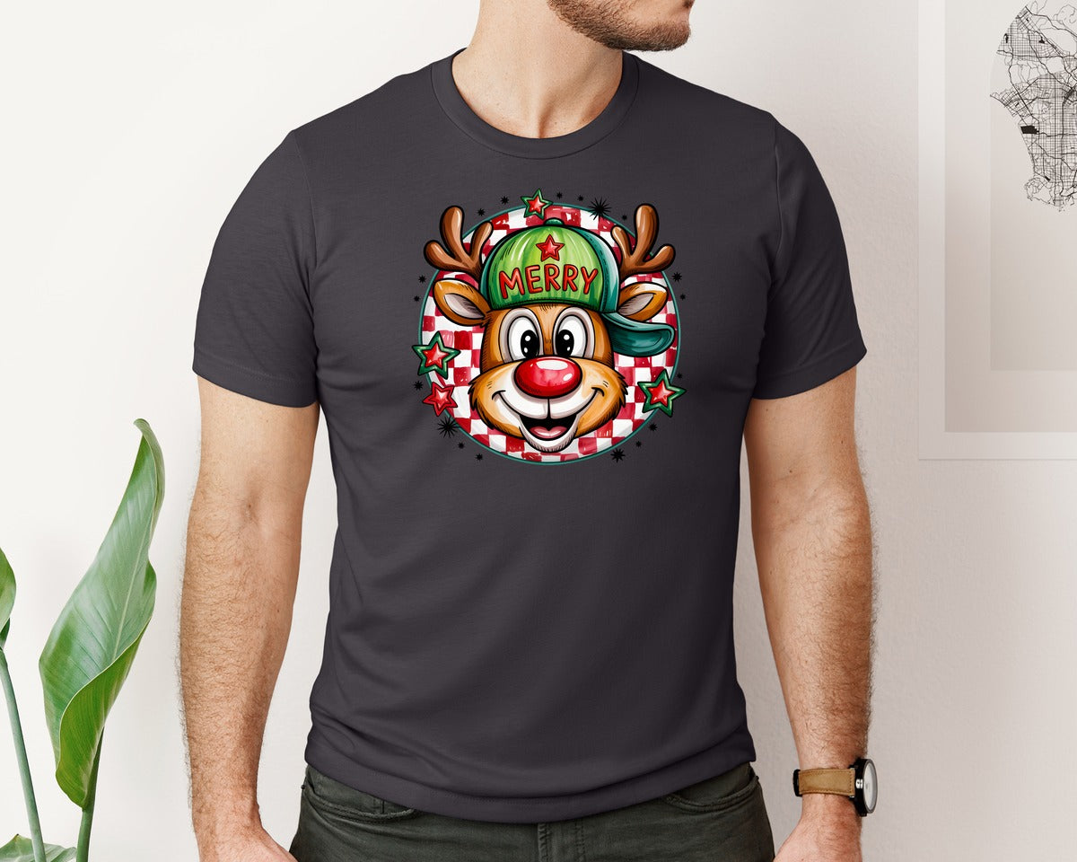 brand:Bella Canvas|color:Heather Dark Grey|Boy Reindeer Hat Cap Merry Christmas Graphic T-Shirt