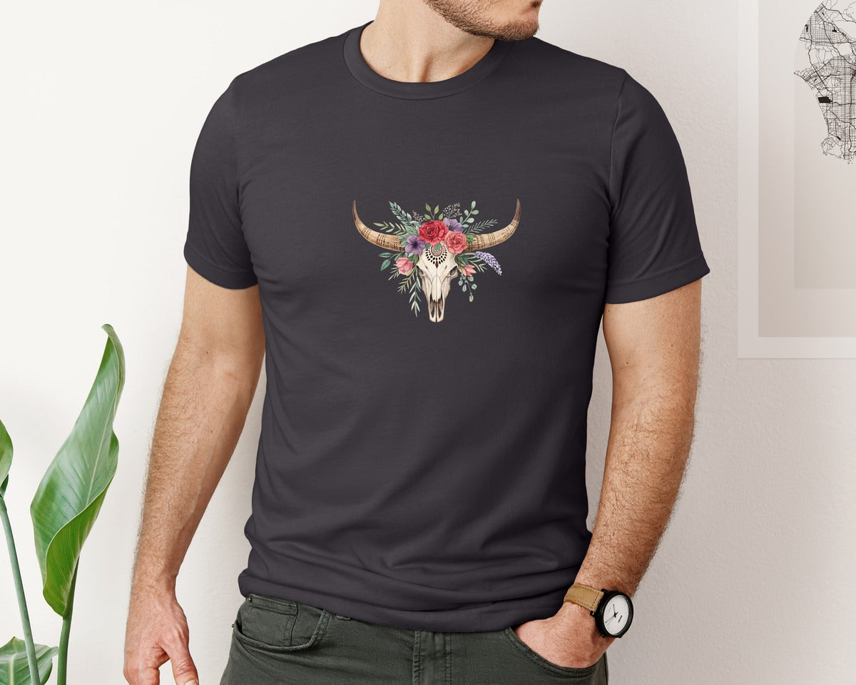 brand:Bella Canvas|color:Heather Dark Grey|Rose Flowers Western Bull Skull Longhorn 6 Graphic T-Shirt