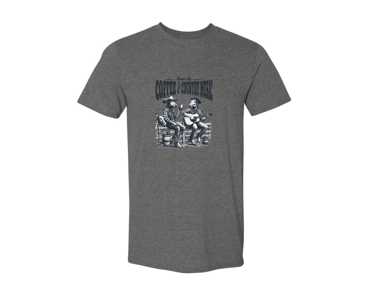 brand:Generic|color:Heather Dark Grey|Fueled By Coffee And Country Music Cow Graphic T-Shirt