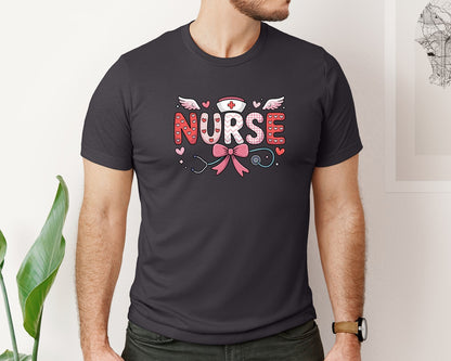 brand:Bella Canvas|color:Heather Dark Grey|Valentine Nurse Nurse Coquette Bow Graphic T-Shirt