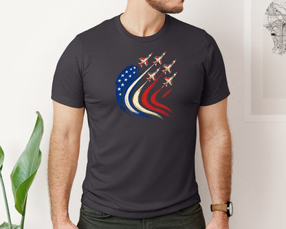 brand:Bella Canvas|color:Heather Dark Grey|Patriotic Usa Flag Fighter Jets 4Th Graphic T-Shirt