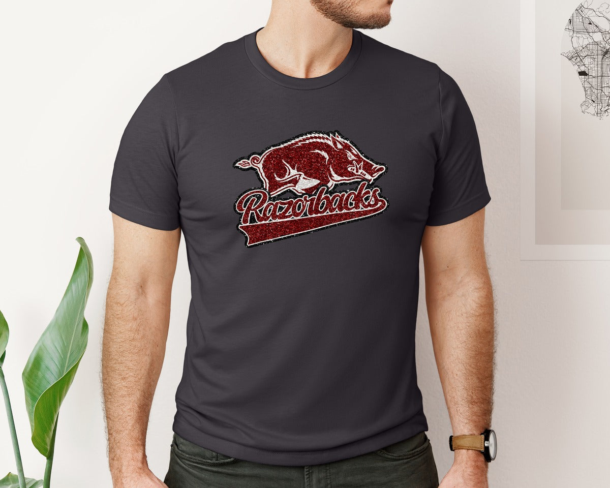 brand:Bella Canvas|color:Heather Dark Grey|Arkansas Razorbacks Football Dtf Graphic T-Shirt