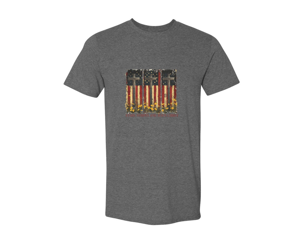 brand:Generic|color:Heather Dark Grey|Stars And Stripes And Jesus Christ Graphic T-Shirt