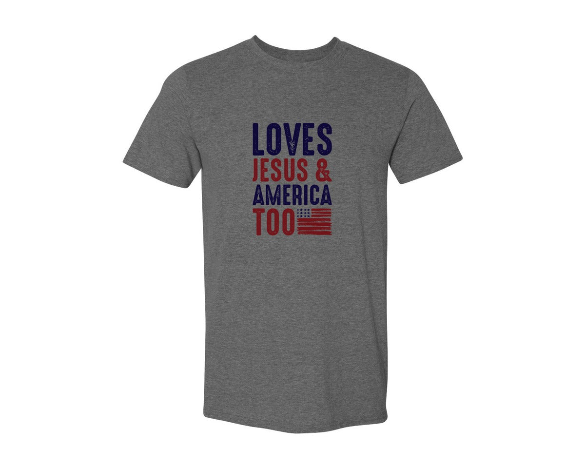 brand:Generic|color:Heather Dark Grey|Loves Jesus And America Too Jesus Graphic T-Shirt