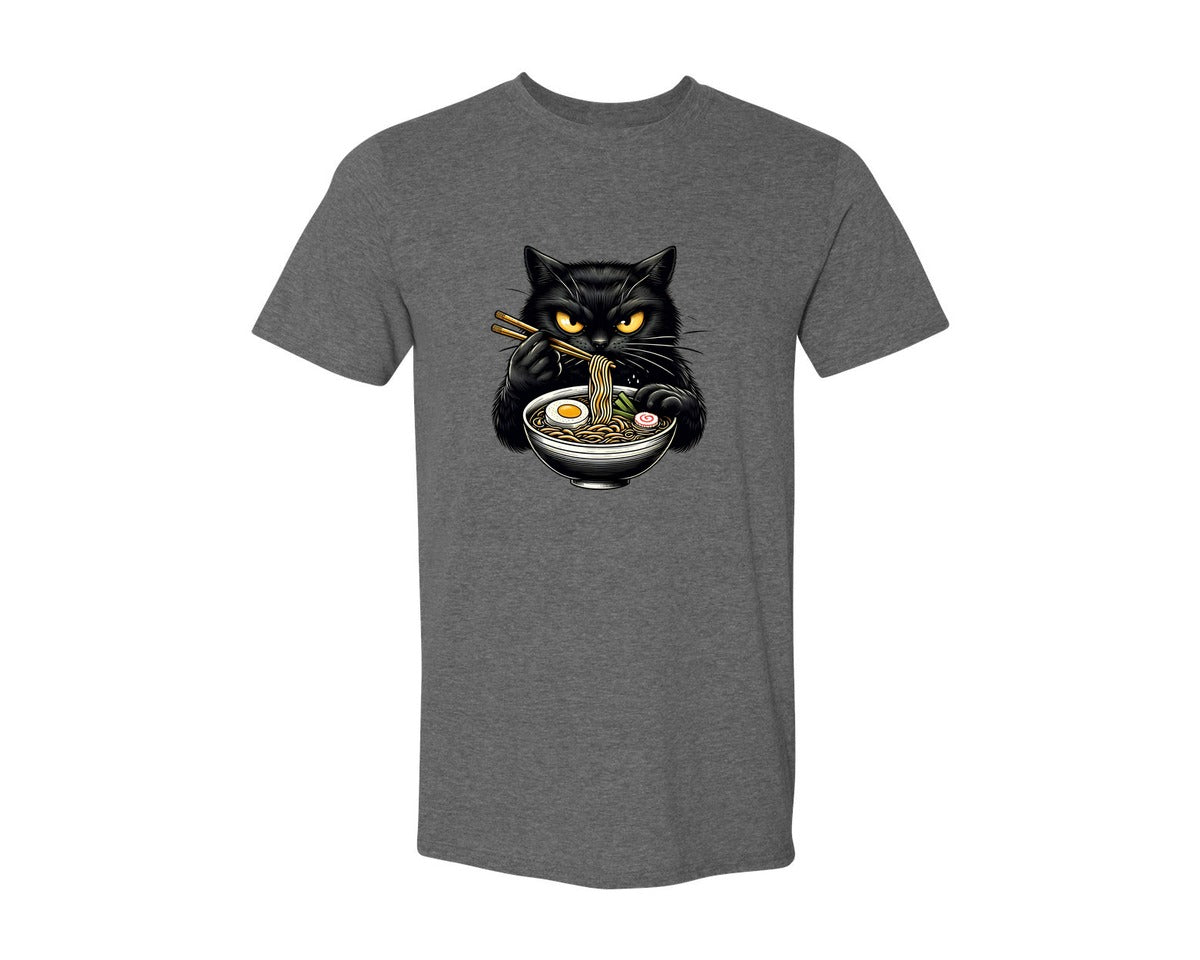 brand:Generic|color:Heather Dark Grey|Cute Black Cat Eating Ramen Noodle 3 Graphic T-Shirt