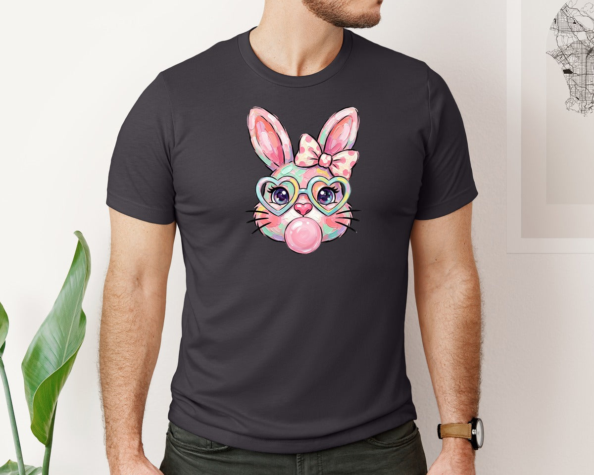 brand:Bella Canvas|color:Heather Dark Grey|Hand Painted Cute Easter Bunny Graphic T-Shirt