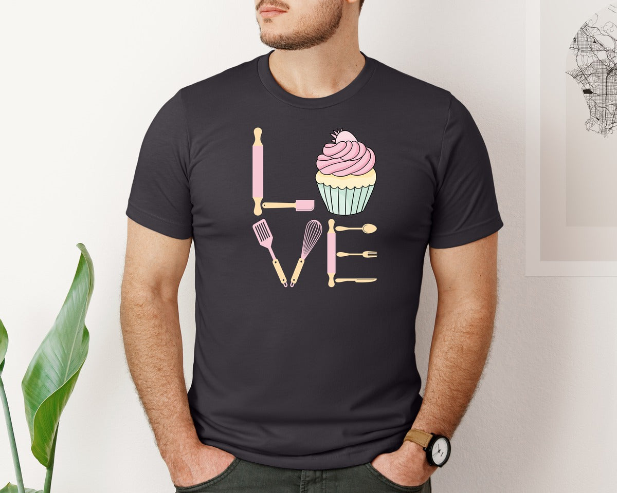 brand:Bella Canvas|color:Heather Dark Grey|Baking Love Cupcake Whisk Spatula Graphic T-Shirt