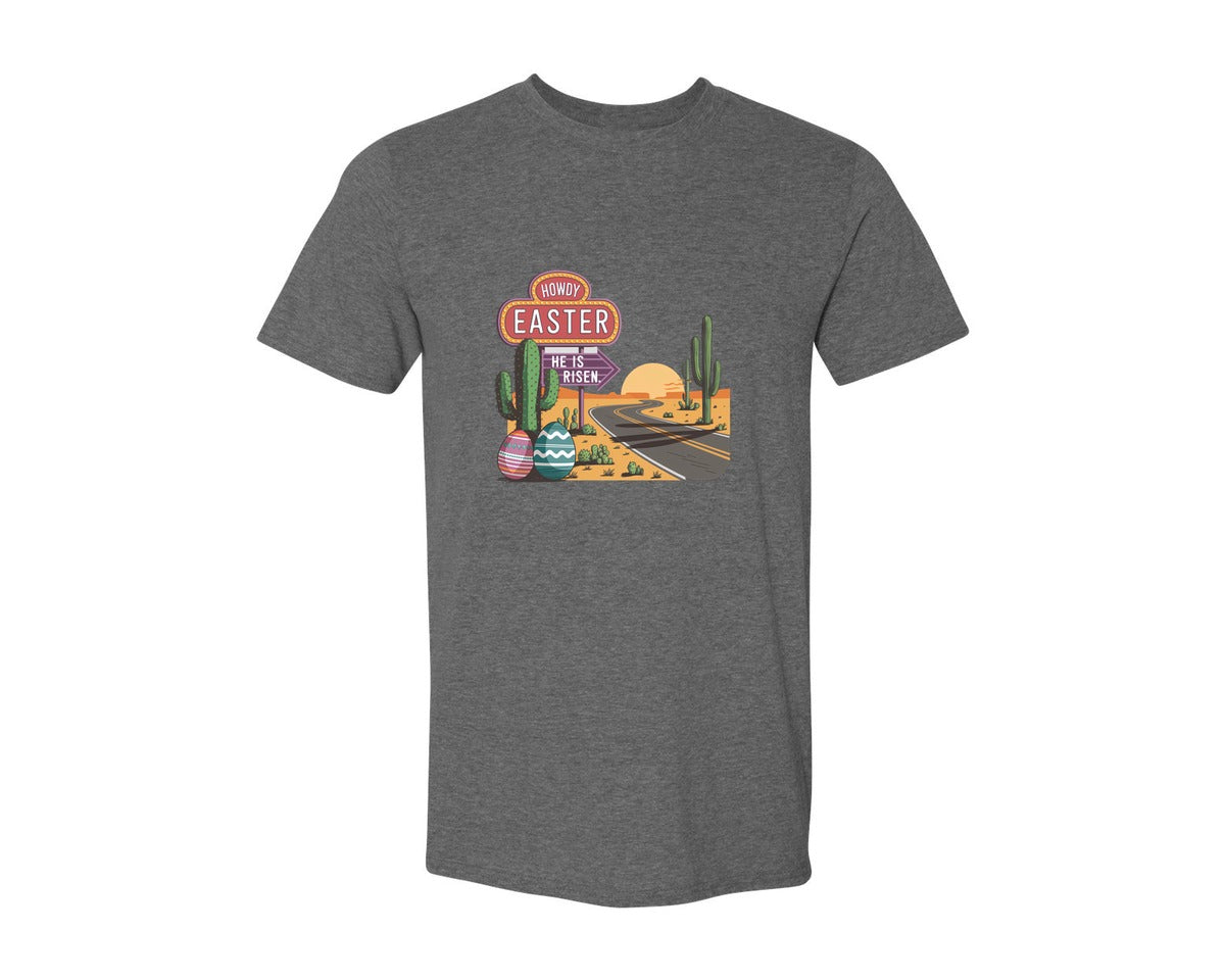 brand:Generic|color:Heather Dark Grey|Howdy Easter Western Desert Easter 3 Graphic T-Shirt