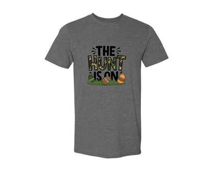 brand:Generic|color:Heather Dark Grey|The Hunt Is On Camo Easter Egg Camo Graphic T-Shirt