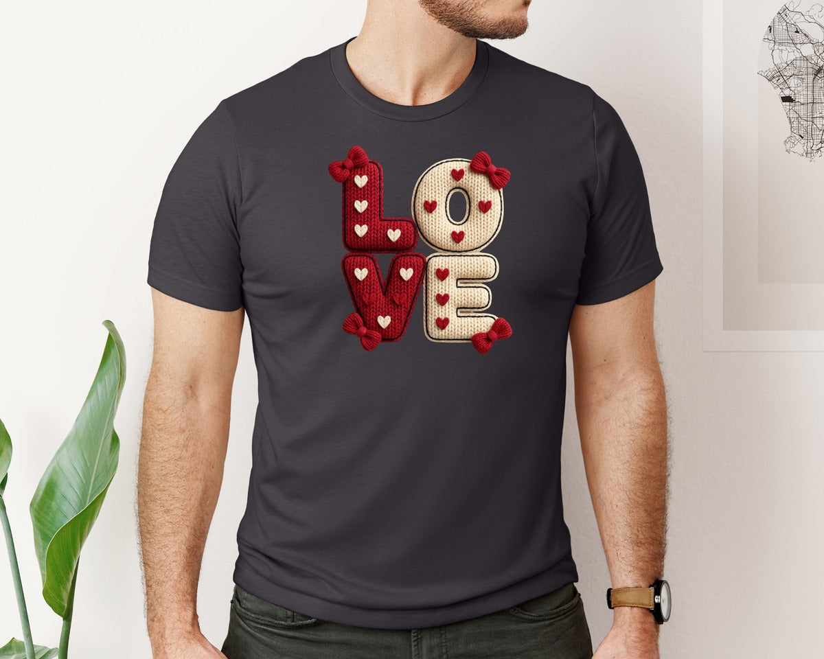 brand:Bella Canvas|color:Heather Dark Grey|Faux Knitted Yarn Texture Valentine 6 Graphic T-Shirt